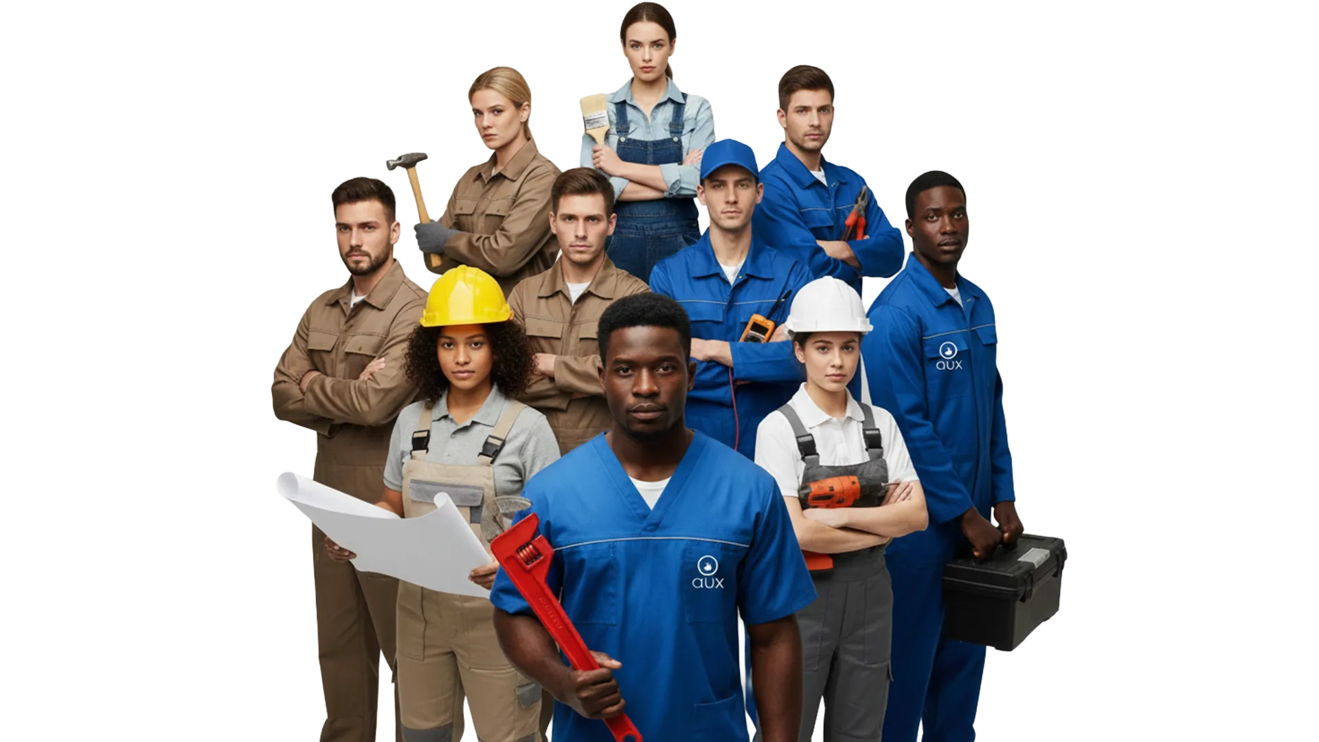 Equipo de profesionales de AuxProvider sonriendo: arquitecto, diseñadora, técnico y administrativa